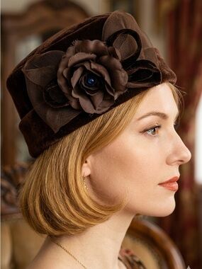 Vintage Plaza Suite brown velvet hat with tulle and satin flower detail.